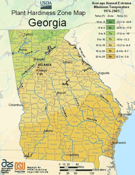 Georgia USDA Plant Hardiness Zone Map